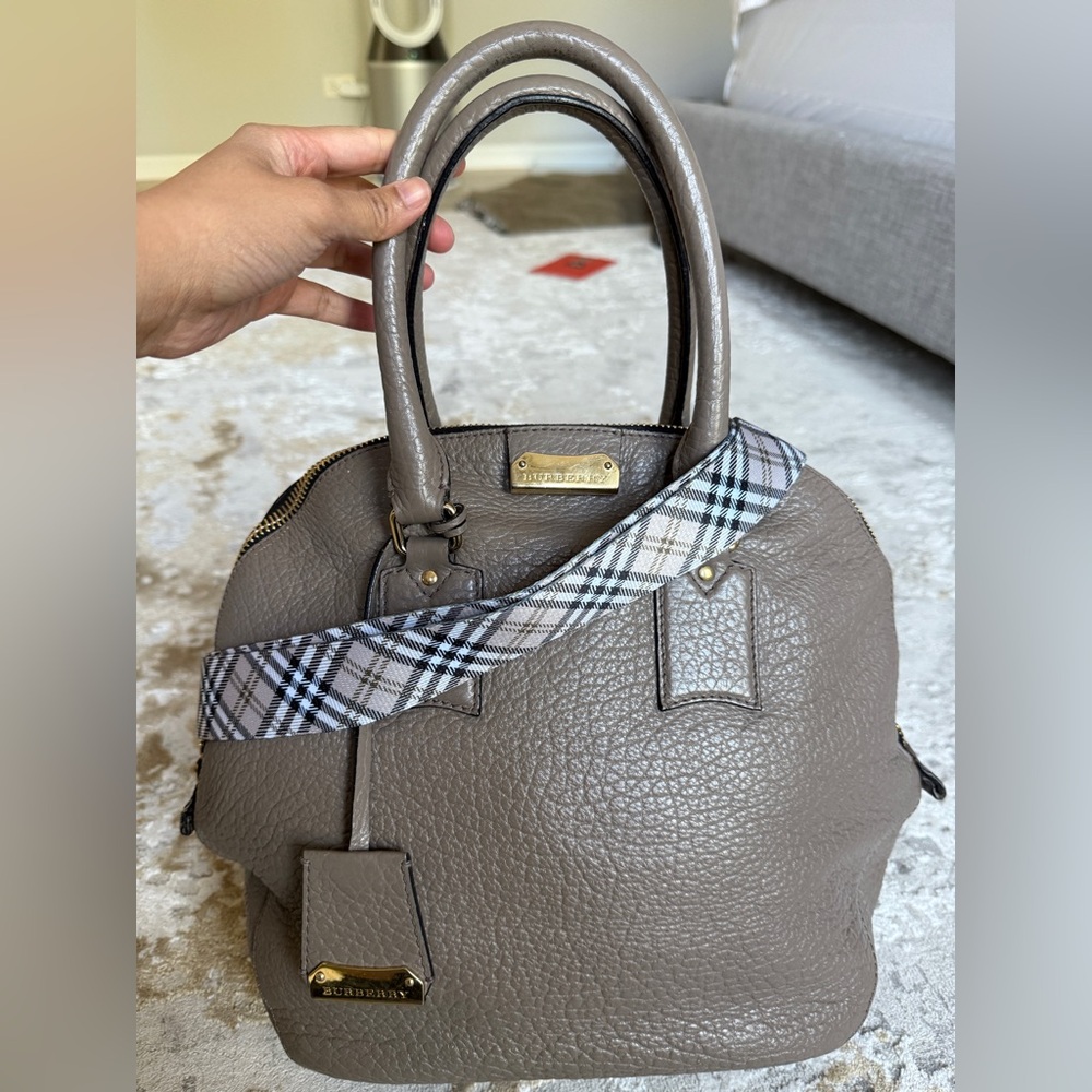 Burberry Taupe Leather Satchel with Plaid Strap
